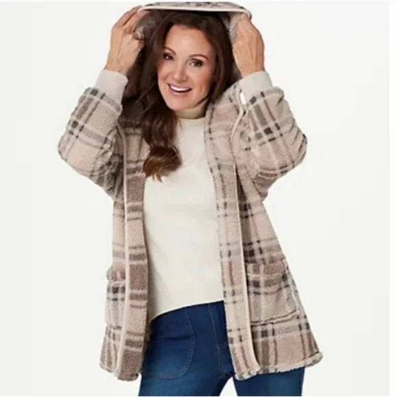 Koolaburra By UGG Cozy Shaggy Plush Cardigan Rib Port Cream Plaid - Picture 2 of 9